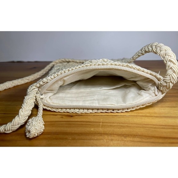 Retro Shoulder Bag Raffia Basket Design Handmade Summer Beach Purse Pearls - Picture 7 of 10